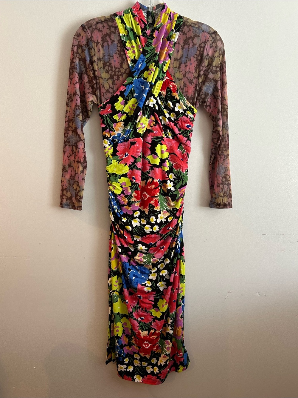 Anthropologie Mesh Halter Mock-Neck Dress Y2K retro festival artsy tropical